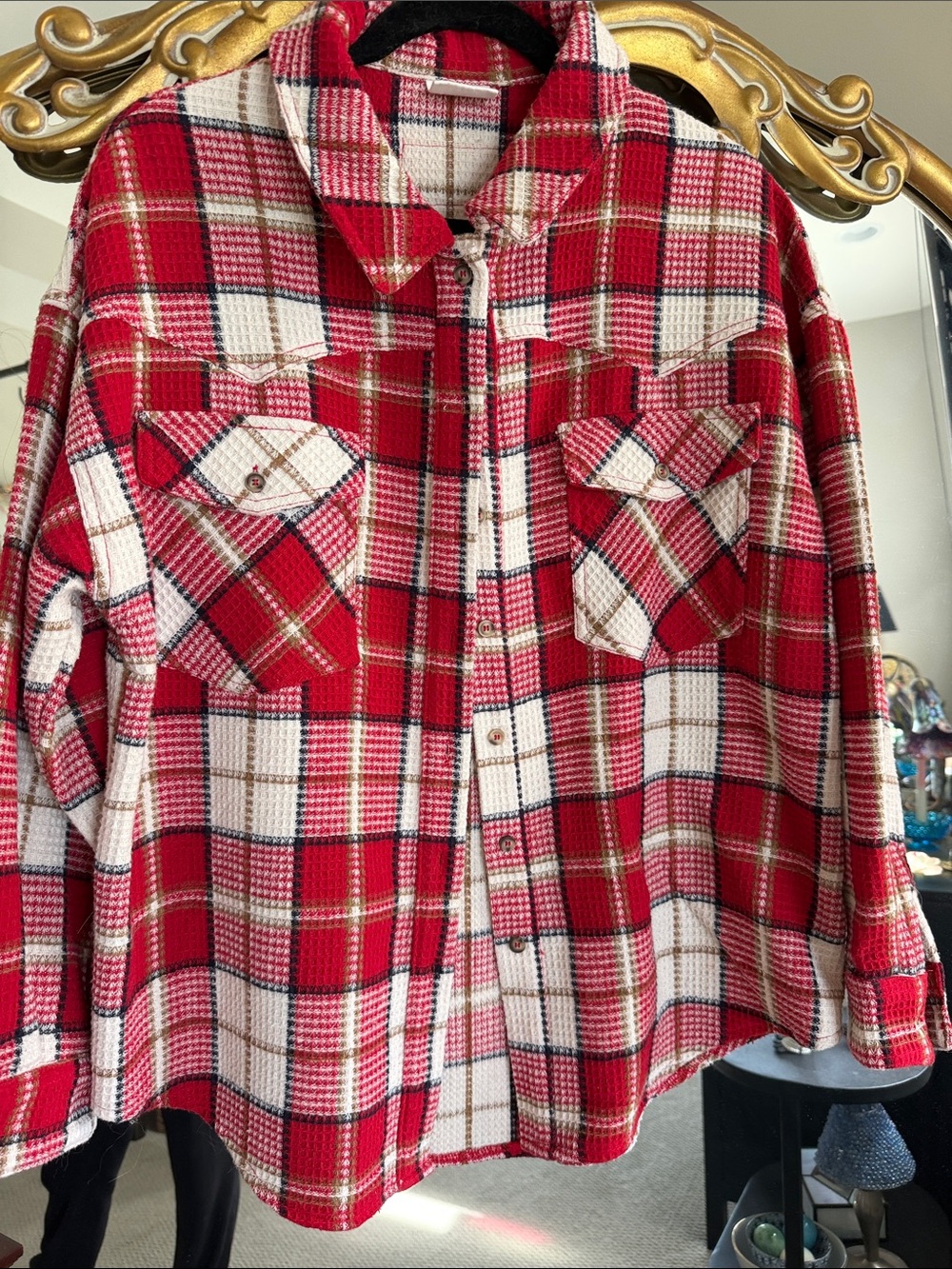 Women's Red Plaid Button-Front Shacket with Chest Pockets